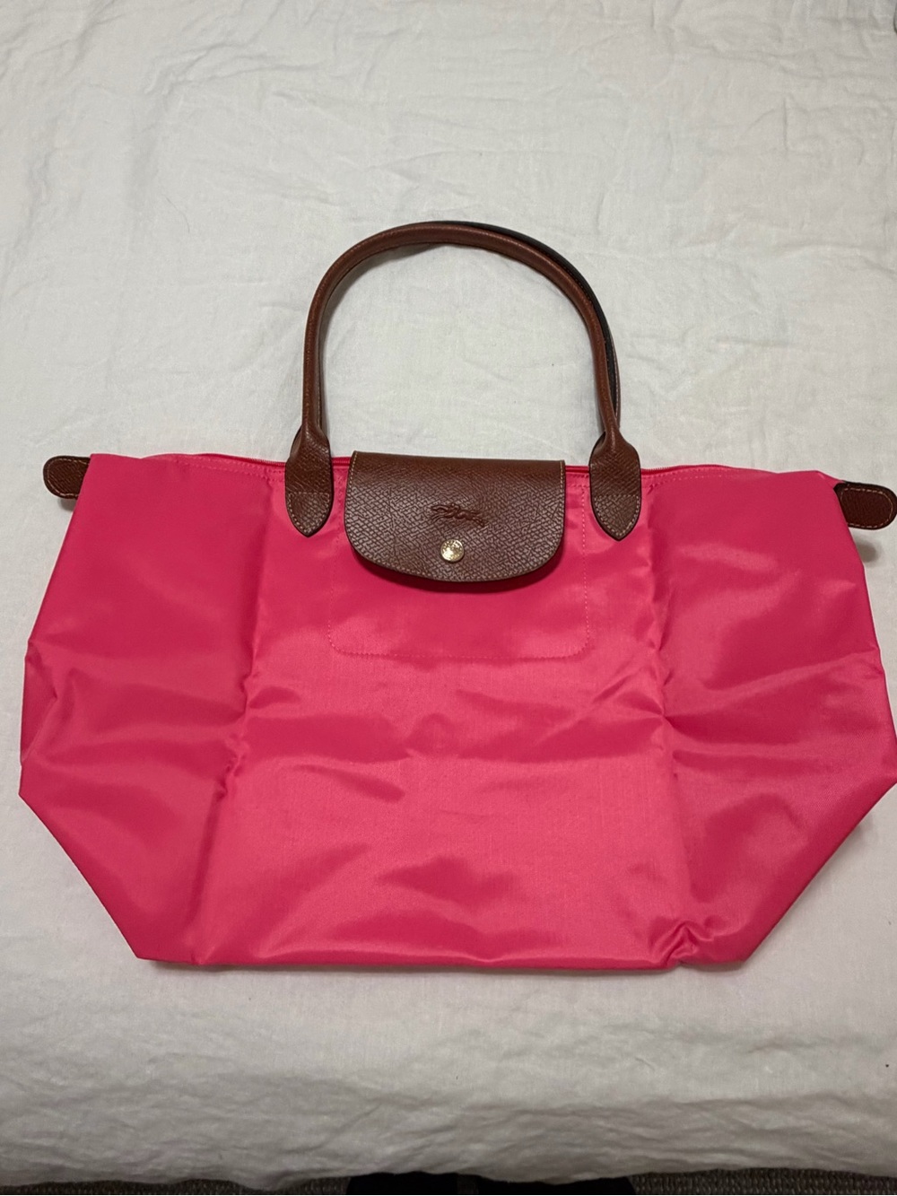 Longchamp Nylon Tote in Hot Pink with Brown Leather Trim